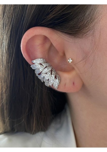 Pinery Jewels Iri Zirkon Taşlı Yaprak  Altın Kaplama Kadın Earcuff Kıkırdak Küpe