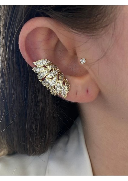 Pinery Jewels Iri Zirkon Taşlı Yaprak  Altın Kaplama Kadın Earcuff Kıkırdak Küpe