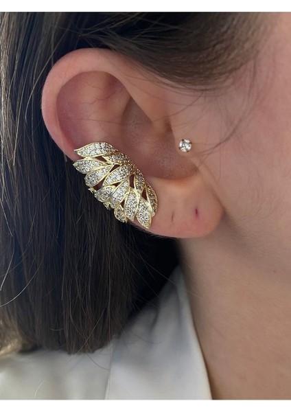 Pinery Jewels Iri Zirkon Taşlı Yaprak  Altın Kaplama Kadın Earcuff Kıkırdak Küpe