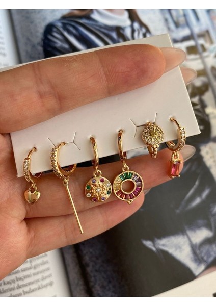 Çok Renkli 6'lı Altın Kaplama Kadın Küpe Seti fiyatları