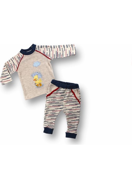 0-3 3-6 6-9 Ay Şemsiyeli Ördek Nakışlı Uzun Kollu Sweatli 2li Kız-Erkek Bebek Takımı