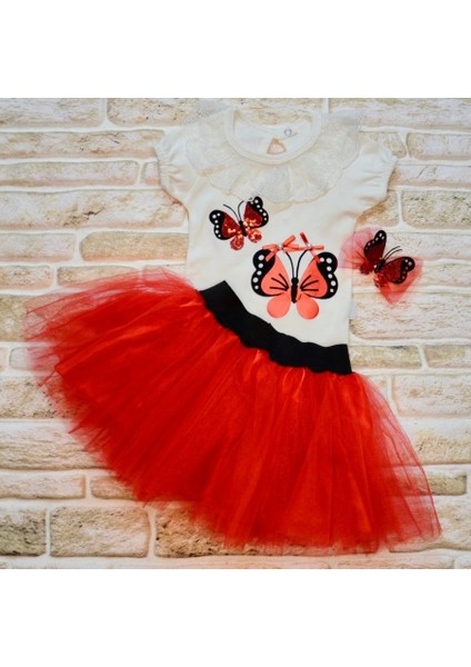 9-12-18 Ay Payetli Kelebek Nakışlı Taçlı Kısa Kollu Tütü Etek 3lü Kız Bebek Takımı