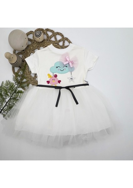1-2-3 Yaş Tül Tokalı Bulut Civciv ve Yıldız Nakışlı Kız Bebek Elbisesi
