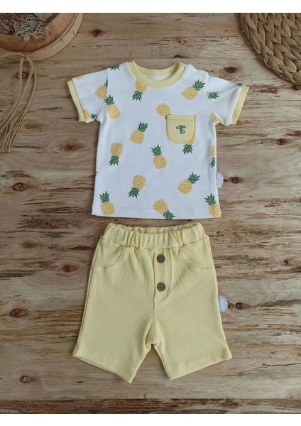 3-6 6-9 9-12 Ay Ananas Baskılı Şort Tişört 2 Li Kız Erkek Bebek Takımı
