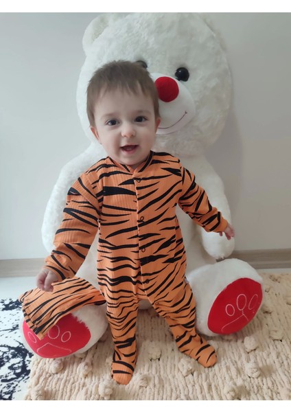 3-6-9-12 Ay Pooh Desenli Zebra Çizgili Şapkalı Sweatli 3lü Kız Erkek Bebek Tulumu(Sarı)