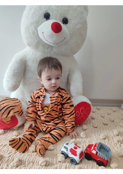 3-6-9-12 Ay Pooh Desenli Zebra Çizgili Şapkalı Sweatli 3lü Kız Erkek Bebek Tulumu(Sarı)