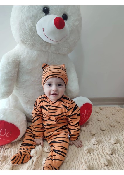 3-6-9-12 Ay Pooh Desenli Zebra Çizgili Şapkalı Sweatli 3lü Kız Erkek Bebek Tulumu(Sarı)