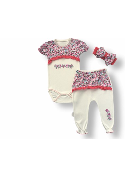 3-6 6-9 9-12 Ay Mimoza Baskılı Bandanalı Kısa Kollu Zıbınlı 3lü Kız Bebek Takımı