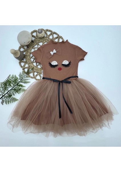 5-6-7 Yaş Payetli Süslü Yüz Baskılı Kız Çocuk Elbisesi