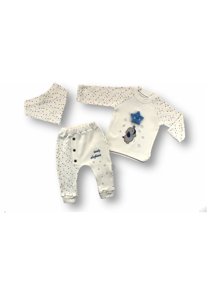 3-6 6-9 9-12 Ay Kutup Yıldızı Nakışlı Bandajlı Uzun Kollu Sweat 3lü Erkek Bebek Takımı