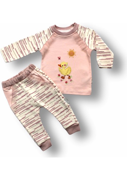 0-3 3-6 6-9 Ay Süslü Ördek Nakışlı Uzun Kollu Sweatli 2li Kız Bebek Takımı