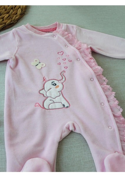 3-6 6-9 9-12 Ay Romantik Fil Nakışlı Pembe Süslü Kız Bebek Tulumu modelleri