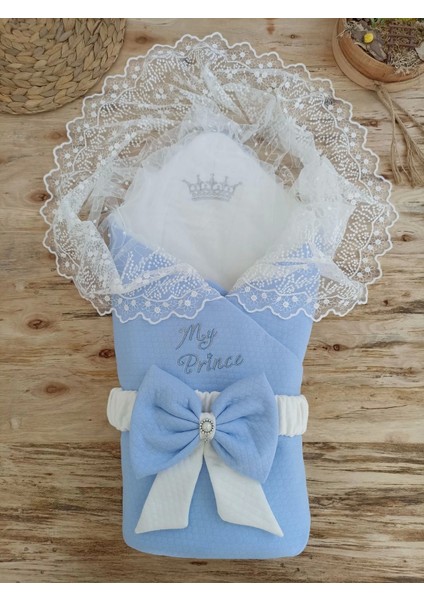 Bal Peteği My Prince Taç Nakışlı Inci Fiyonklu Dantel Duvaklı Delüks Kundak Bebek Battaniyesi