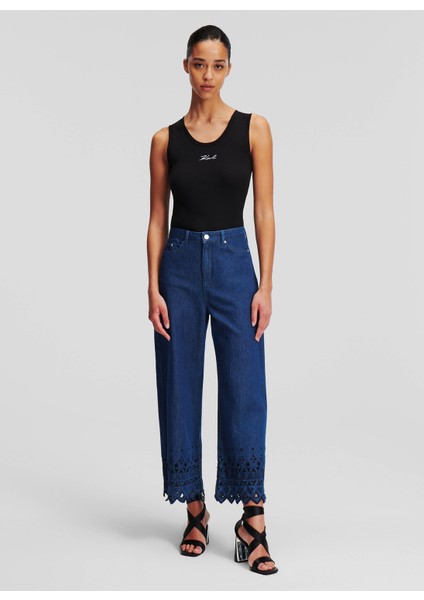 Yüksek Bel Düz Paça Normal Koyu Mavi Kadın Denim Pantolon 241W1102