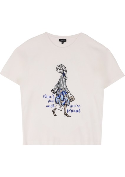 Bisiklet Yaka Baskılı Kırık Beyaz Kadın T-Shirt F4WL-TST0350