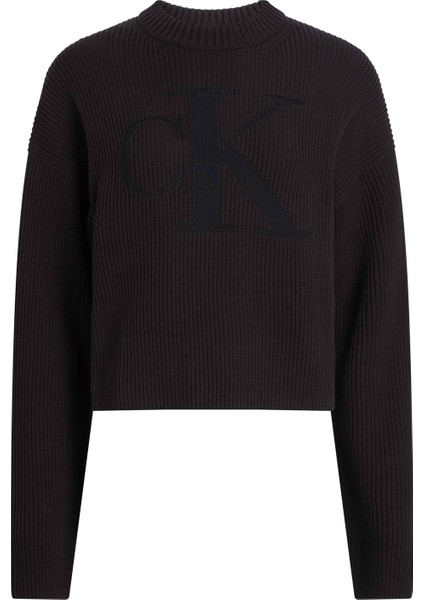 Calvin Klein Jeans Dik Yaka Standart Nakışlı Siyah Kazak Kadın Logo Intarsıa Regular Sweater