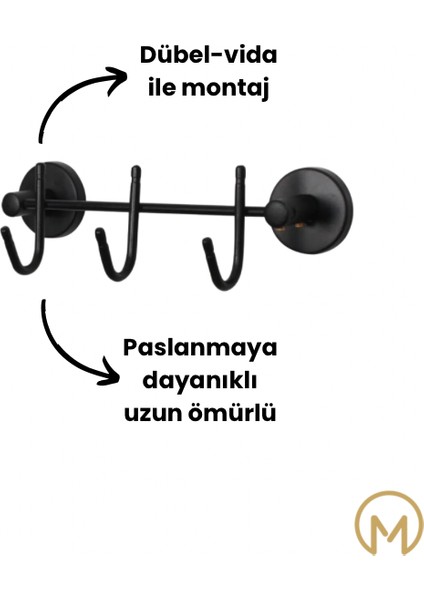 Siyah 3'lü Sıra Askı Wc Askı Banyo Mutfak Düzenleyici Askısı