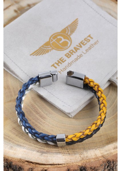 Mrhero Unisex Double Çift Örgü Hakiki Deri El Yapımı Bileklik MH037 Lacivert-Sarı