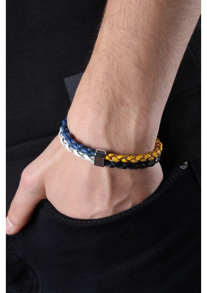 Mrhero Unisex Double Çift Örgü Hakiki Deri El Yapımı Bileklik MH037 Lacivert-Sarı fiyatları