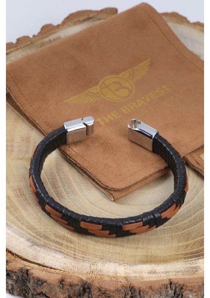 Mrhero Erkek Hasır Örgü Hakiki El Yapımı Deri Bileklik MH036 Taba Rengi