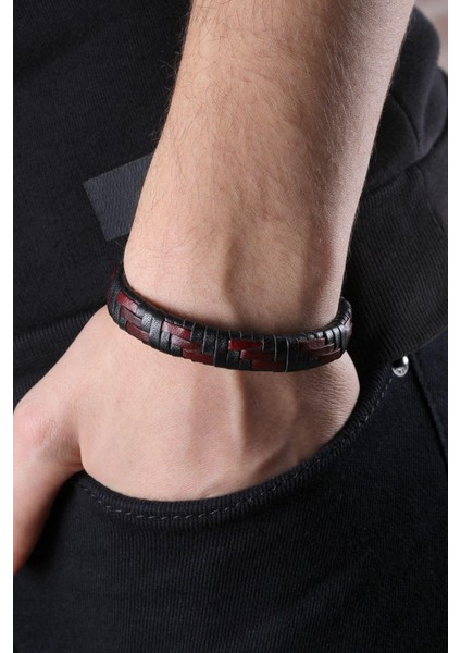 Mrhero Erkek Hasır Örgü Hakiki El Yapımı Deri Bileklik MH036 Bordo fiyatları