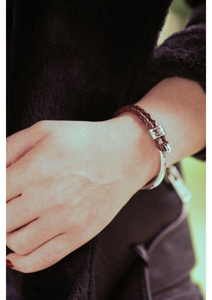 Mrhero Unisex Double Çift Örgü Kuğu Modeli Hakiki Deri El Yapımı Deri Bileklik MH035 Kahverengi