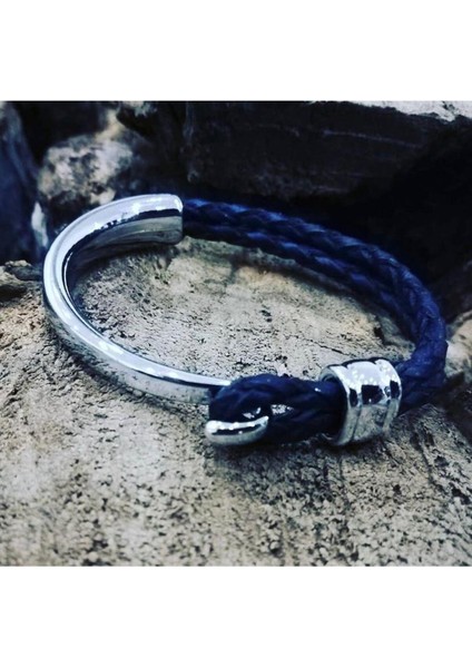 Mrhero Unisex Double Çift Örgü Kuğu Modeli Hakiki Deri El Yapımı Deri Bileklik MH035 Lacivert