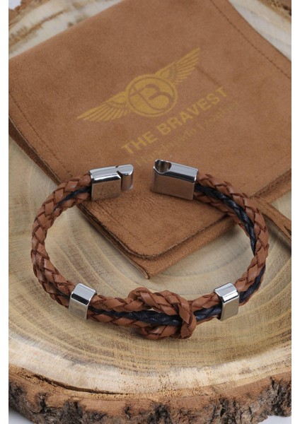 Mrhero Erkek Camadan Hakiki Deri Örgü El Yapımı Bileklik MH034 Taba Rengi