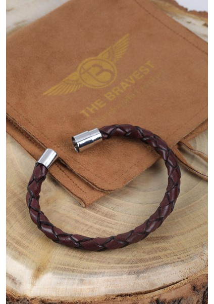 Mrhero Erkek Tek Örgü Hakiki Deri El Yapımı Deri Bileklik MH033 Bordo