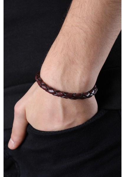 Mrhero Erkek Tek Örgü Hakiki Deri El Yapımı Deri Bileklik MH033 Bordo fiyatları