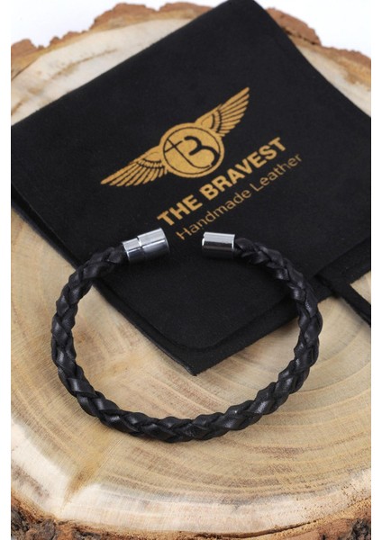 Mrhero Erkek Tek Örgü Hakiki Deri El Yapımı Deri Bileklik MH033 Siyah