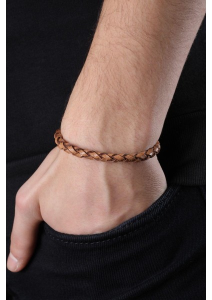 Mrhero Erkek Tek Örgü Hakiki Deri El Yapımı Deri Bileklik MH033 Taba Rengi fiyatları