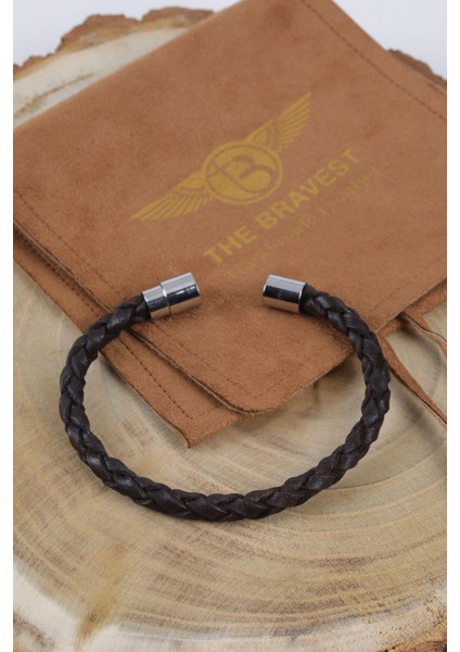 Mrhero Erkek Tek Örgü Hakiki Deri El Yapımı Deri Bileklik MH033 Kahverengi