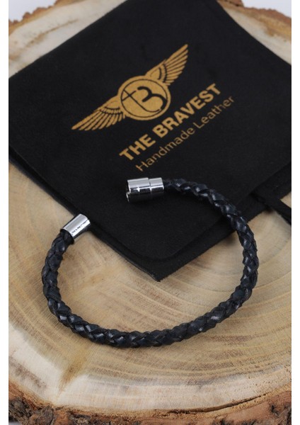 Mrhero Erkek Tek Örgü Hakiki Deri El Yapımı Deri Bileklik MH033 Lacivert