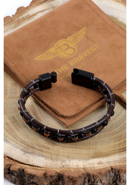 Mrhero Erkek Çelik Tel Sarma Doğal Taşlı Deri Sırım El Yapımı Hakiki Deri Bileklik MH032 Kahverengi