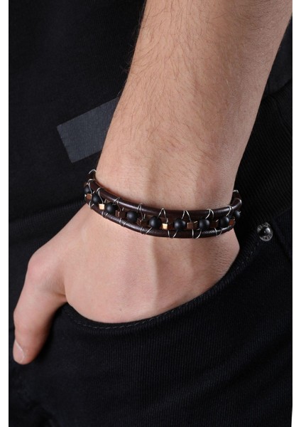 Mrhero Erkek Çelik Tel Sarma Doğal Taşlı Deri Sırım El Yapımı Hakiki Deri Bileklik MH032 Kahverengi fiyatları