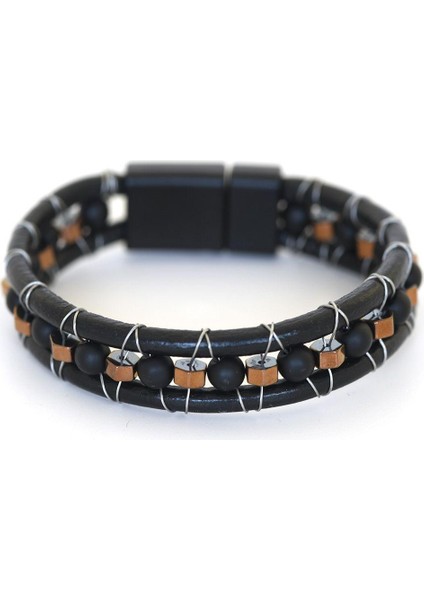 Mrhero Erkek Çelik Tel Sarma Doğal Taşlı Deri Sırım El Yapımı Hakiki Deri Bileklik MH032 Kahverengi modelleri