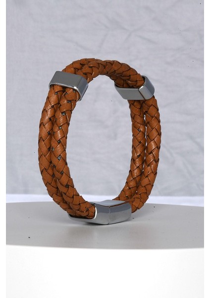 Mrhero Unisex Double Çift Örgü Hakiki Deri El Yapımı Deri Bileklik MH031 Taba Rengi modelleri