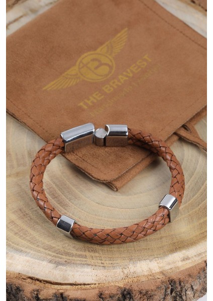 Mrhero Unisex Double Çift Örgü Hakiki Deri El Yapımı Deri Bileklik MH031 Taba Rengi