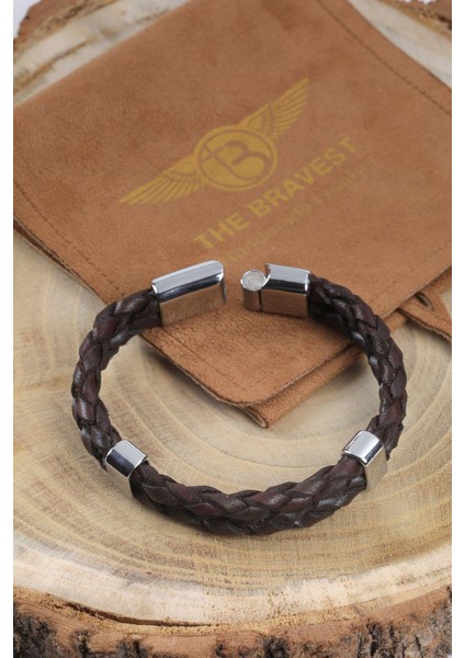 Mrhero Unisex Double Çift Örgü Hakiki Deri El Yapımı Deri Bileklik MH031 Kahverengi