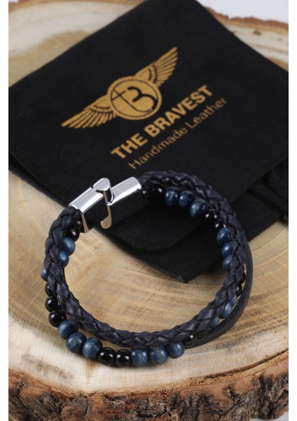 Mrhero Erkek Örgü Boncuk Hakiki Deri El Yapımı Deri Bileklik MH030 Lacivert