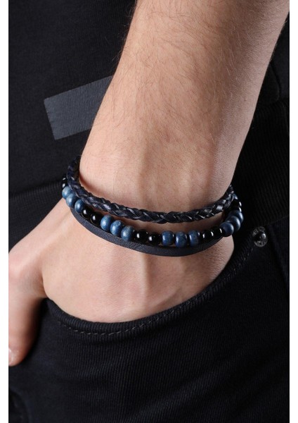 Mrhero Erkek Örgü Boncuk Hakiki Deri El Yapımı Deri Bileklik MH030 Lacivert fiyatları