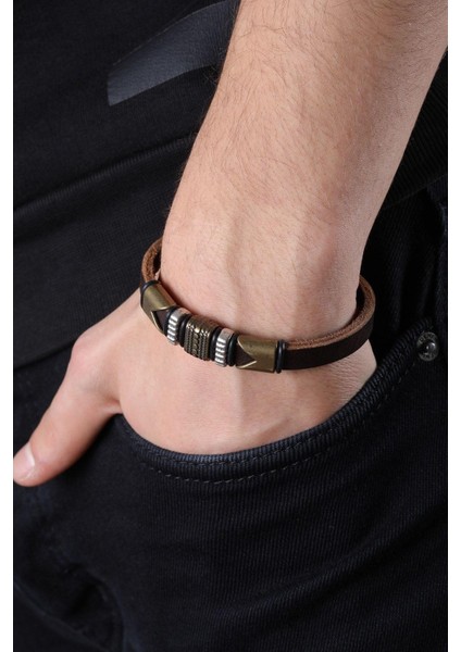 Mrhero Unisex Lacivert Metal Parçalı Hakiki Deri El Yapımı Deri Bileklik MH029 Kahverengi fiyatları