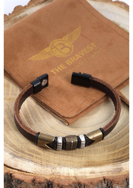 Mrhero Unisex Lacivert Metal Parçalı Hakiki Deri El Yapımı Deri Bileklik MH029 Kahverengi