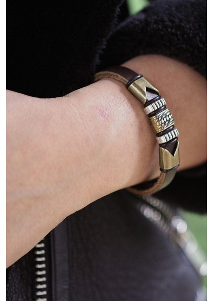 Mrhero Unisex Lacivert Metal Parçalı Hakiki Deri El Yapımı Deri Bileklik MH029 Kahverengi modelleri