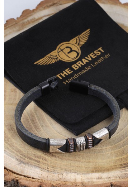 Mrhero Unisex Lacivert Metal Parçalı Hakiki Deri El Yapımı Deri Bileklik MH029 Lacivert