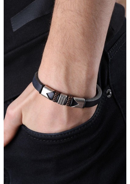 Mrhero Unisex Lacivert Metal Parçalı Hakiki Deri El Yapımı Deri Bileklik MH029 Lacivert fiyatları