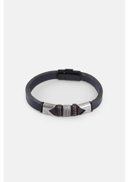 Mrhero Unisex Lacivert Metal Parçalı Hakiki Deri El Yapımı Deri Bileklik MH029 Lacivert modelleri