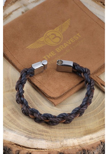 Mrhero Erkek Halat ve Hakiki Deri Karışık Örgü El Yapımı Deri Bileklik MH028 Lacivert Kahverengi