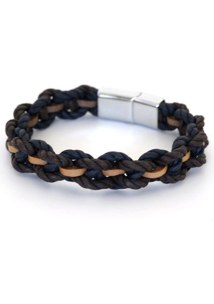 Mrhero Erkek Halat ve Hakiki Deri Karışık Örgü El Yapımı Deri Bileklik MH028 Lacivert Kahverengi indirimleri